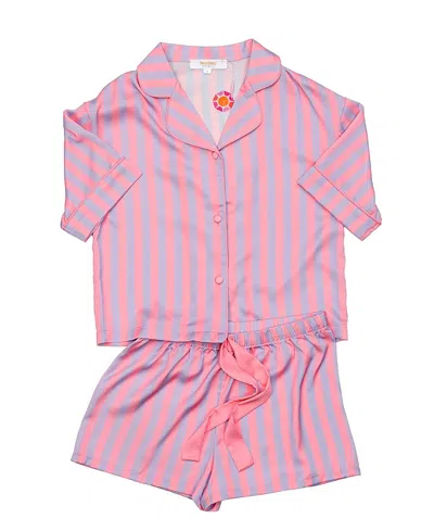 Sunshine Society Girls' Cotton Candy Striped Silky Short Sleeve Shorts Set - Little Kid, Big Kid In Pink