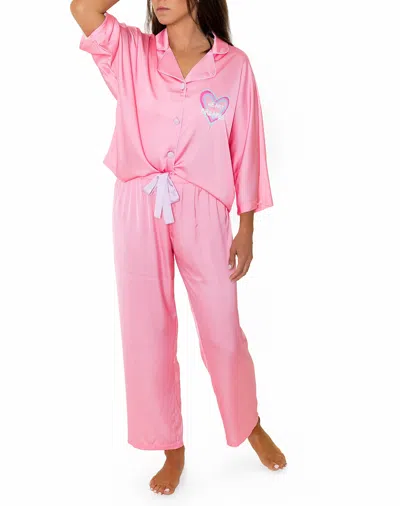 Sunshine Society Heartbreaker Silky 3/4 Sleeve Pant Set In Pink