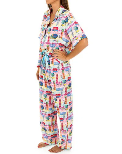 Sunshine Society Highway Holiday Silky Short Sleeve Pant Set In Multi