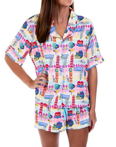 Sunshine Society Highway Holiday Silky Short Sleeve Short Set In Multi