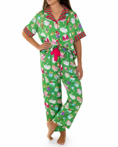 Sunshine Society Holiday Bauble Silky Short Sleeve Pants Set In Animal Print