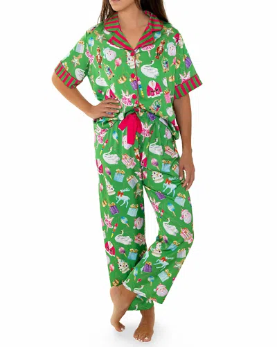 Sunshine Society Holiday Bauble Silky Short Sleeve Pants Set In Green