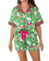 Sunshine Society Holiday Bauble Silky Short Sleeve Shorts Set In Green