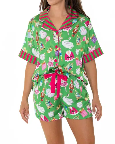 Sunshine Society Holiday Bauble Silky Short Sleeve Shorts Set In Green