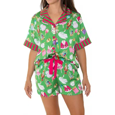 Sunshine Society Holiday Bauble Silky Short Sleeve Shorts Set In Multi
