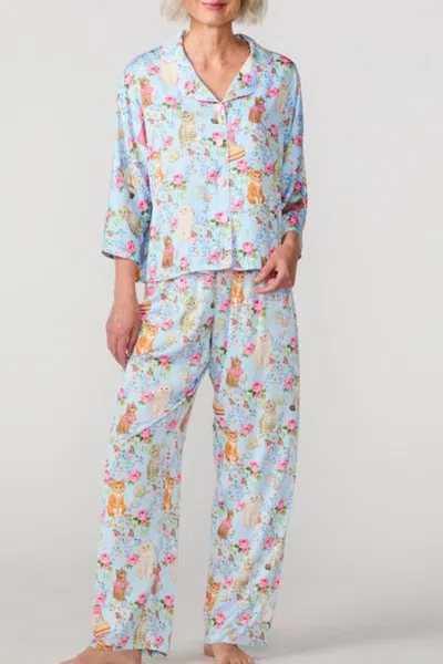 Sunshine Society House Cats Silky 3/4 Sleeve Pj Pant Set In Multi