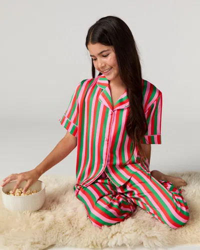Sunshine Society Kids Christmas Candy Stripe Silky Pant Set In Multi