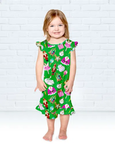Sunshine Society Kids Holiday Baubles Silky Dress In Green