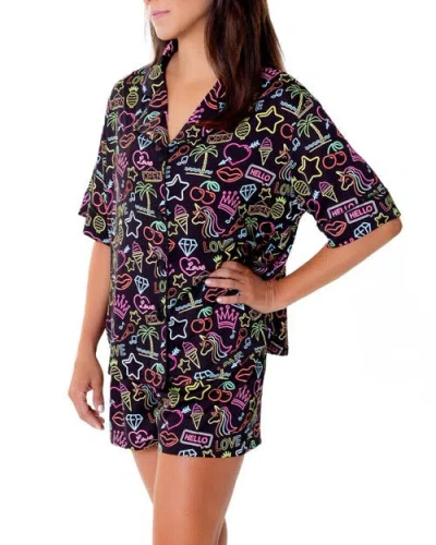 Sunshine Society Neon Lights Silky Short Sleeve Shorts Set In Black