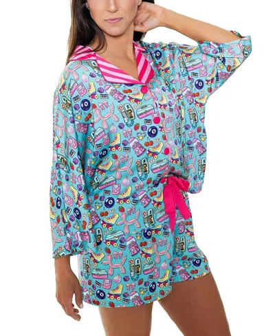 Sunshine Society Silky 90's 3/4 Sleeve Shorts Set In Multi