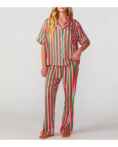Sunshine Society Silky Christmas Candy Stripe Short Sleeve Pant Set In Multi