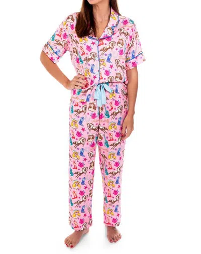 Sunshine Society Silky Cowgirl Candy Short Sleeve Pant Set In Pink