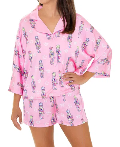 Sunshine Society Silky Graffiti Nutcracker 3/4 Sleeve Shorts Set In Pink