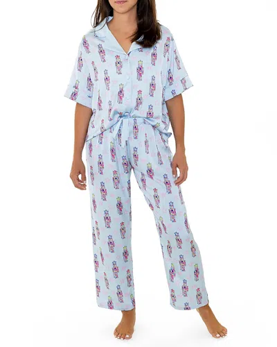 Sunshine Society Silky Graffiti Nutcracker Short Sleeve Pants Set In Blue