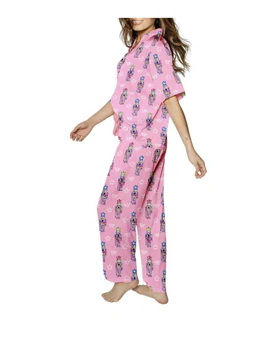 Sunshine Society Silky Graffiti Nutcracker Short Sleeve Pants Set In Pink