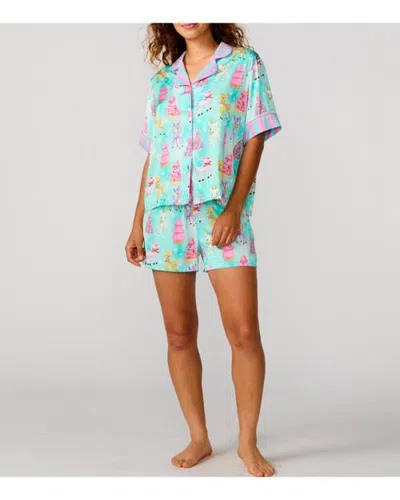 Sunshine Society Silky Prancer Short Sleeve Short Set In Blue
