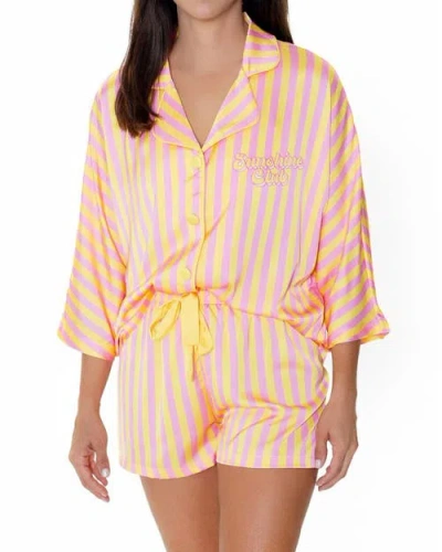 Sunshine Society Sunshine Club Silky 3/4 Sleeve Shorts Set In Yellow