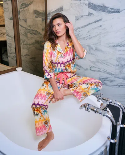 Sunshine Society Tiger Royale Silky 3/4 Sleeve Pant Set In Multi