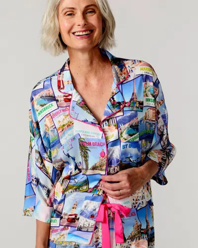 Sunshine Society World Traveler Silky 3/4 Sleeve Pant Set In Blue