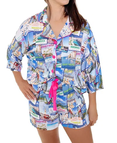 Sunshine Society World Traveler Silky 3/4 Sleeve Shorts Set In Multi