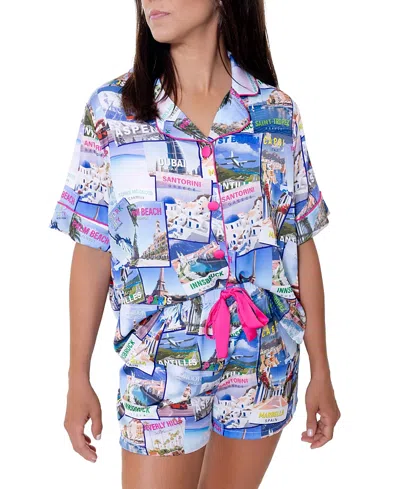 Sunshine Society World Traveler Silky Short Sleeve Shorts Set In Multi