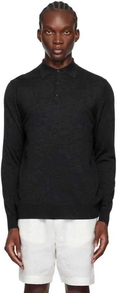 Sunspel Merino-wool Long-sleeved Polo Shirt In Black
