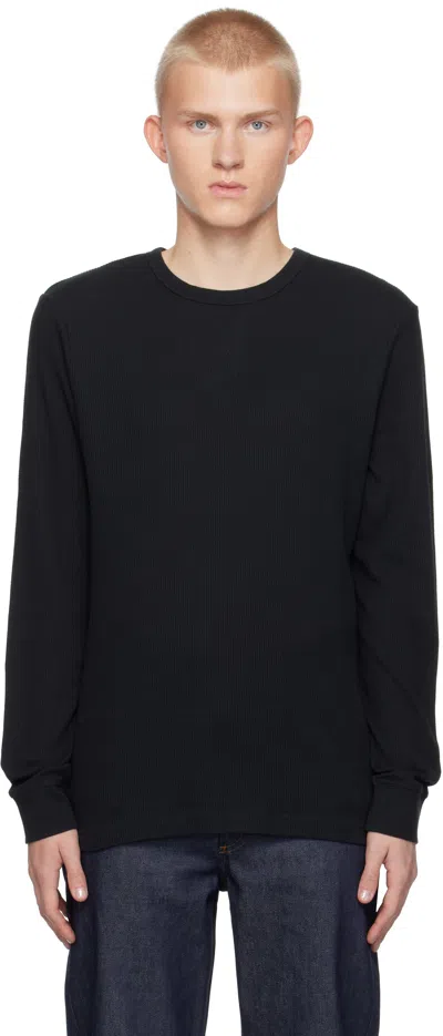 Sunspel Black Long Sleeve Waffle T-shirt