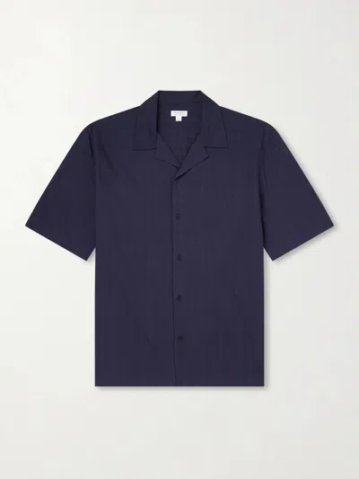 Sunspel Camp-collar Textured-cotton Shirt In Blue