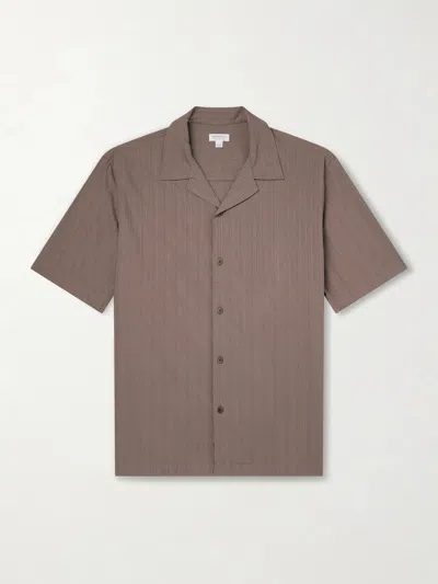 Sunspel Camp-collar Textured-cotton Shirt In Brown