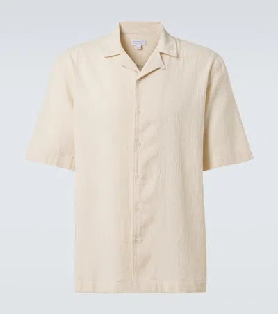 Sunspel Checked Cotton Bowling Shirt In Beige