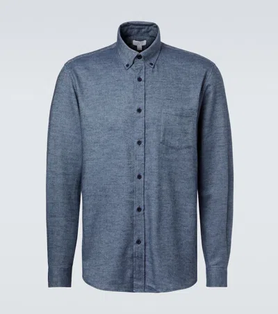 Sunspel Brushed Cotton Flannel Button-down Shirt In Blue