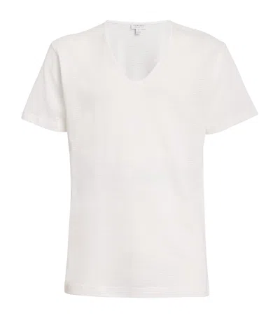 Sunspel Cotton Mesh Cellular V-neck T-shirt In White