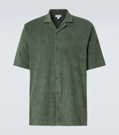 Sunspel Cotton Terry Bowling Shirt In Green