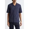 Sunspel Embroidered Stripe Short Sleeve Camp Shirt In Navy