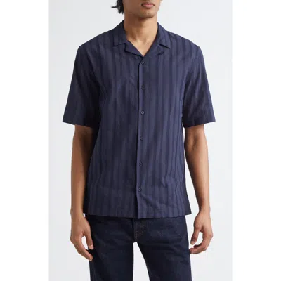 Sunspel Embroidered Stripe Short Sleeve Camp Shirt In Navy
