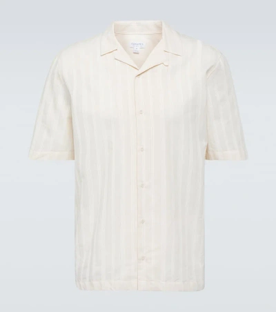 Sunspel Embroidered Striped Cotton Bowling Shirt In Ecru