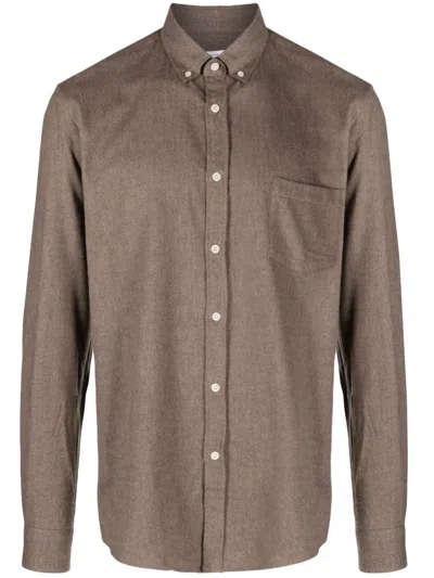 Sunspel Long-sleeve Cotton Flannel Shirt In Brown