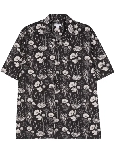 Sunspel Floral-print Cotton Shirt In Black