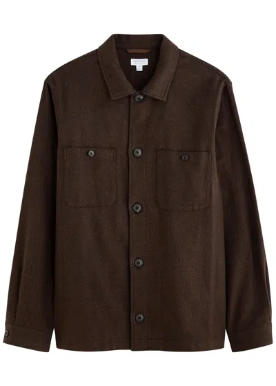 Sunspel Herringbone Brushed-cotton Overshirt In Brown
