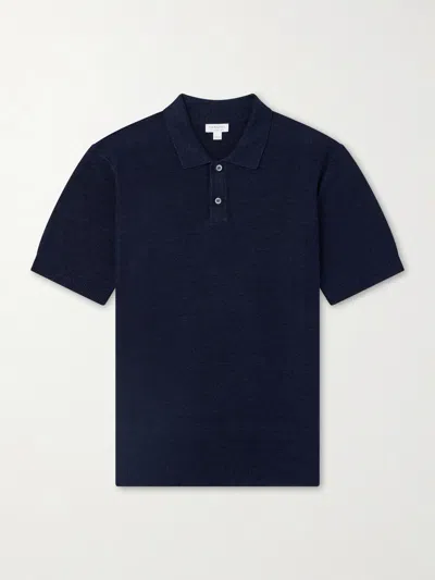 Sunspel Honeycomb-knit Linen And Silk-blend Polo Shirt In Blue