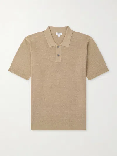 Sunspel Honeycomb-knit Linen And Silk-blend Polo Shirt In Neutral