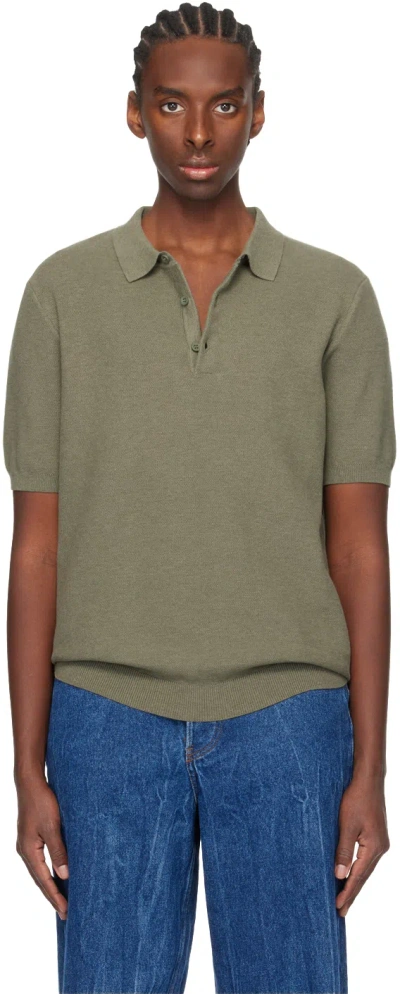 Sunspel Khaki Three-button Polo In Pale Khaki Melange