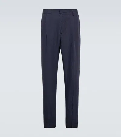 Sunspel Linen Straight Pants In Light Navy