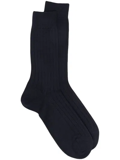 Sunspel Logo-print Ribbed Socks In Blue