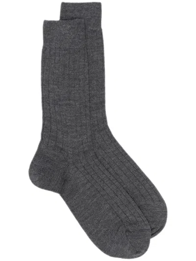 Sunspel Logo-print Ribbed Socks In Grey