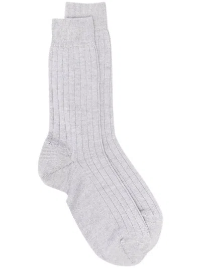 Sunspel Logo-print Ribbed Socks In Grey