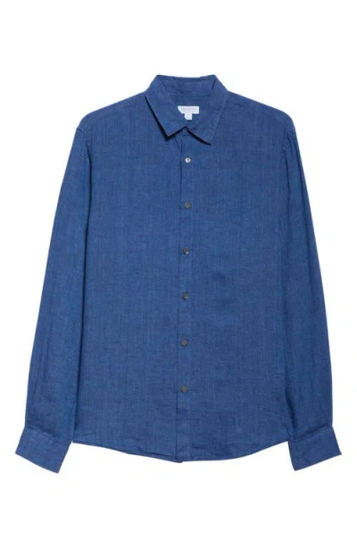 Sunspel Long Sleeve Linen Button-up Shirt In Blue