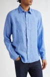 Sunspel Long Sleeve Linen Button-up Shirt In Cool Blue