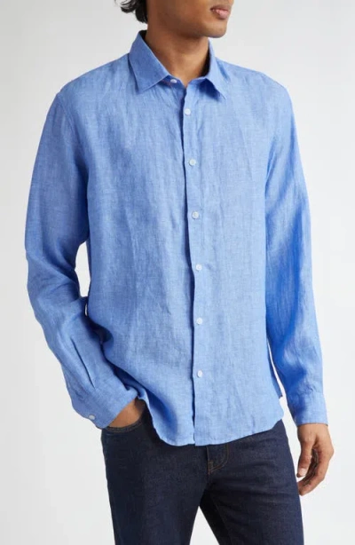 Sunspel Long Sleeve Linen Button-up Shirt In Cool Blue