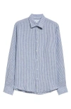Sunspel Long Sleeve Linen Button-up Shirt In Navy/white Linen Stripe